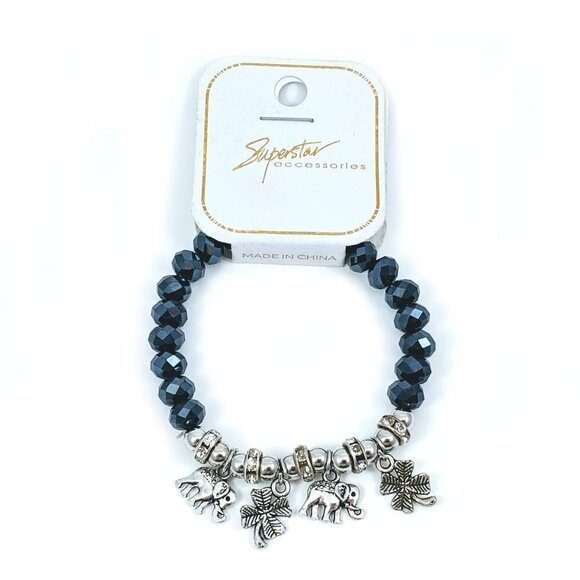 NWOT Elephant & Clover Charms Stretch Beaded Bracelet - Picture 1 of 7